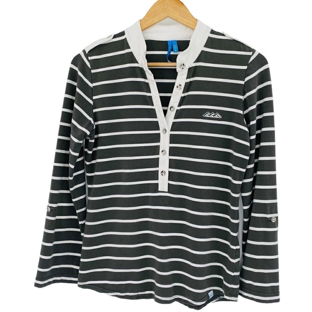GG Blue gray green striped henley style top with button tab sleeves size small